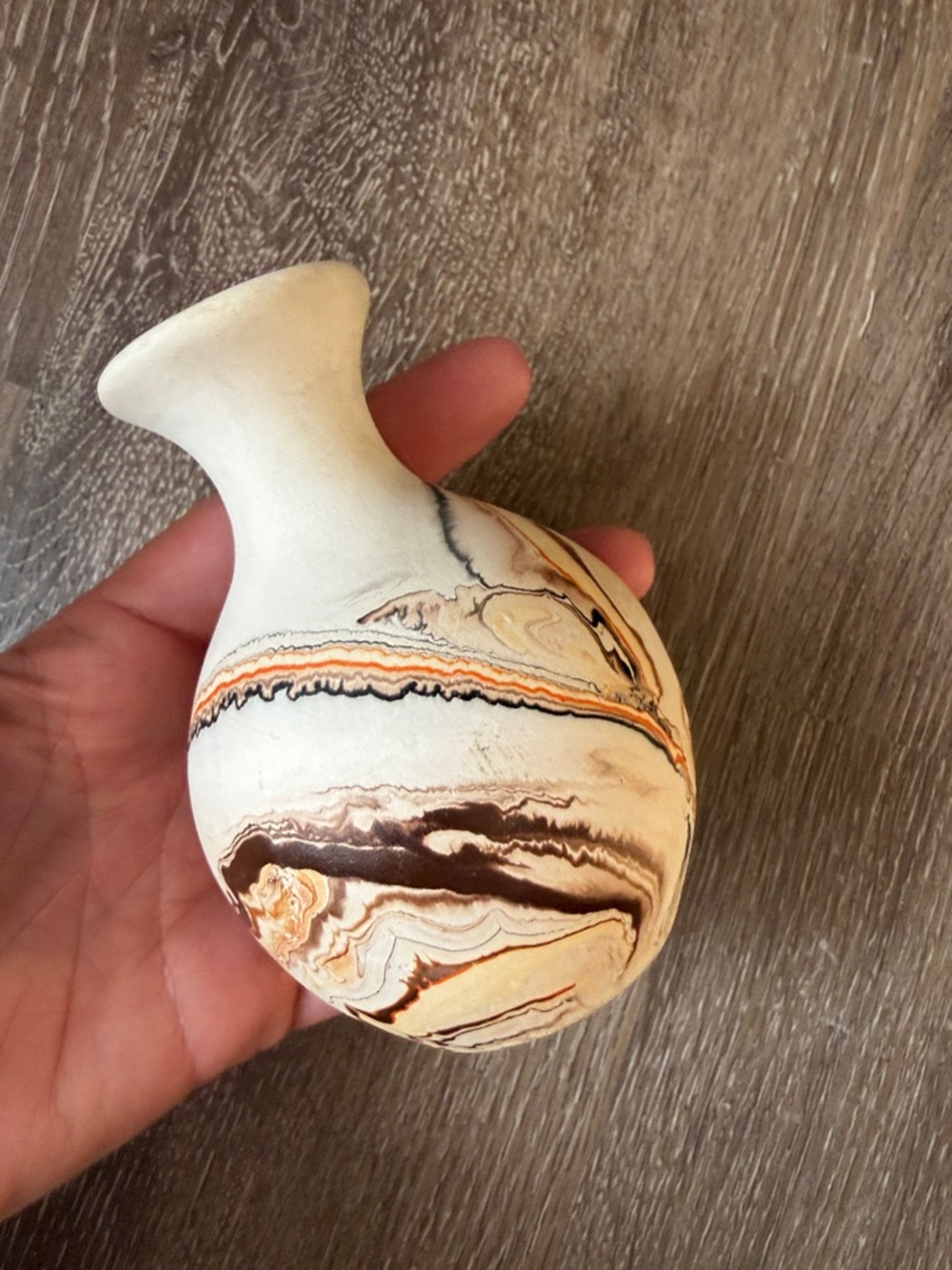 Vintage White Ceramic Vase with Brown and Orange Marbled Bands